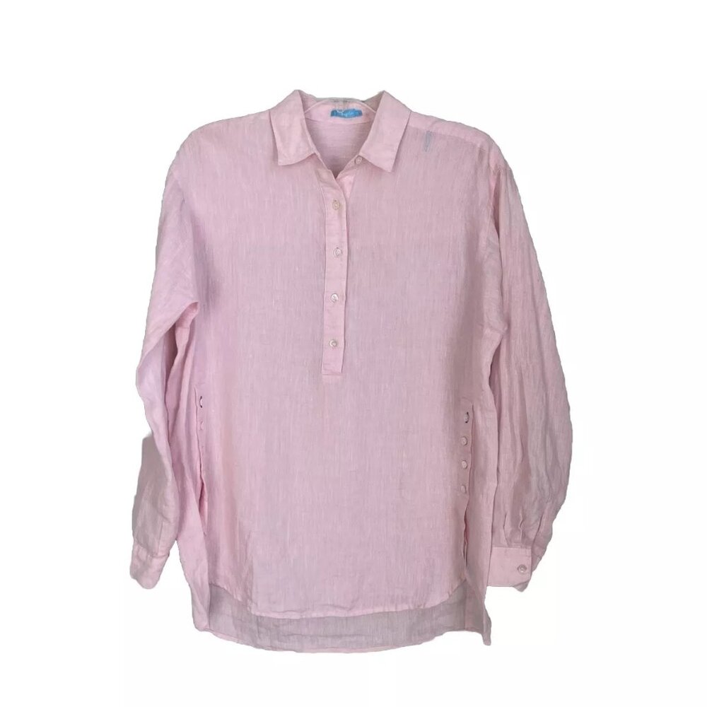J.McLaughlin Pink Linen Fallon Loose Fit Henley Blouse Long Sleeve